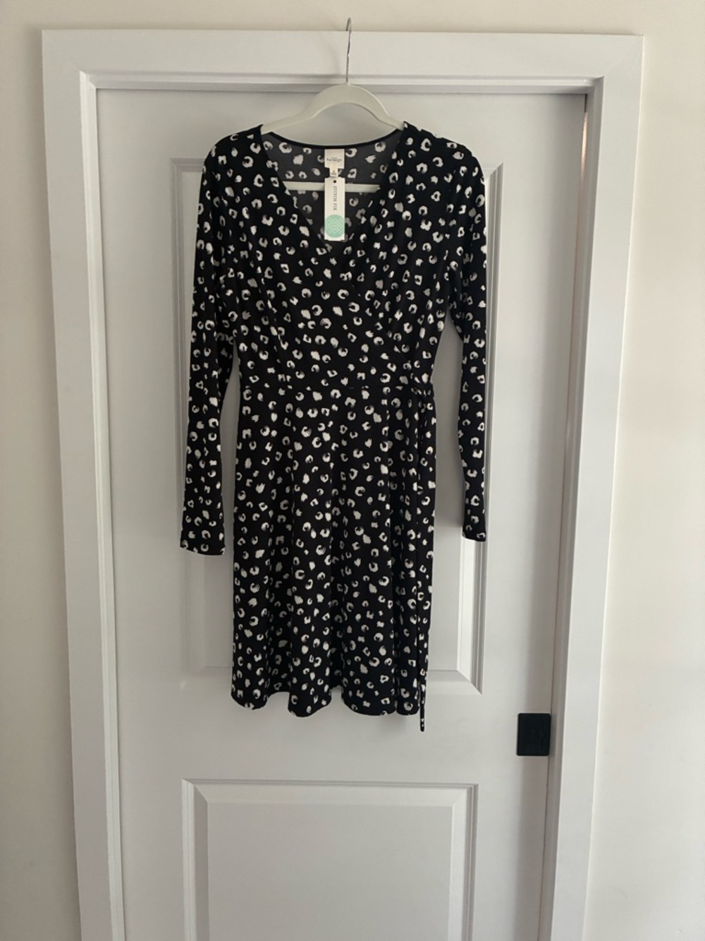 Kaileigh Black Dress with White Leopard Dot Print, Long Sleeve